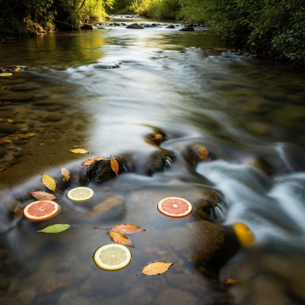 Clear flowing stream with floating leaves